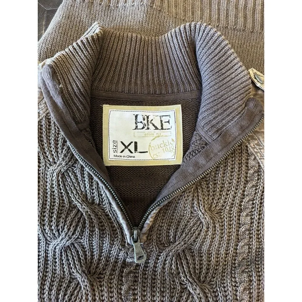 BKE Men's Slim Fit 1/4 Zip Sweater Sz‎ XL Brown Jean Shoulder Design